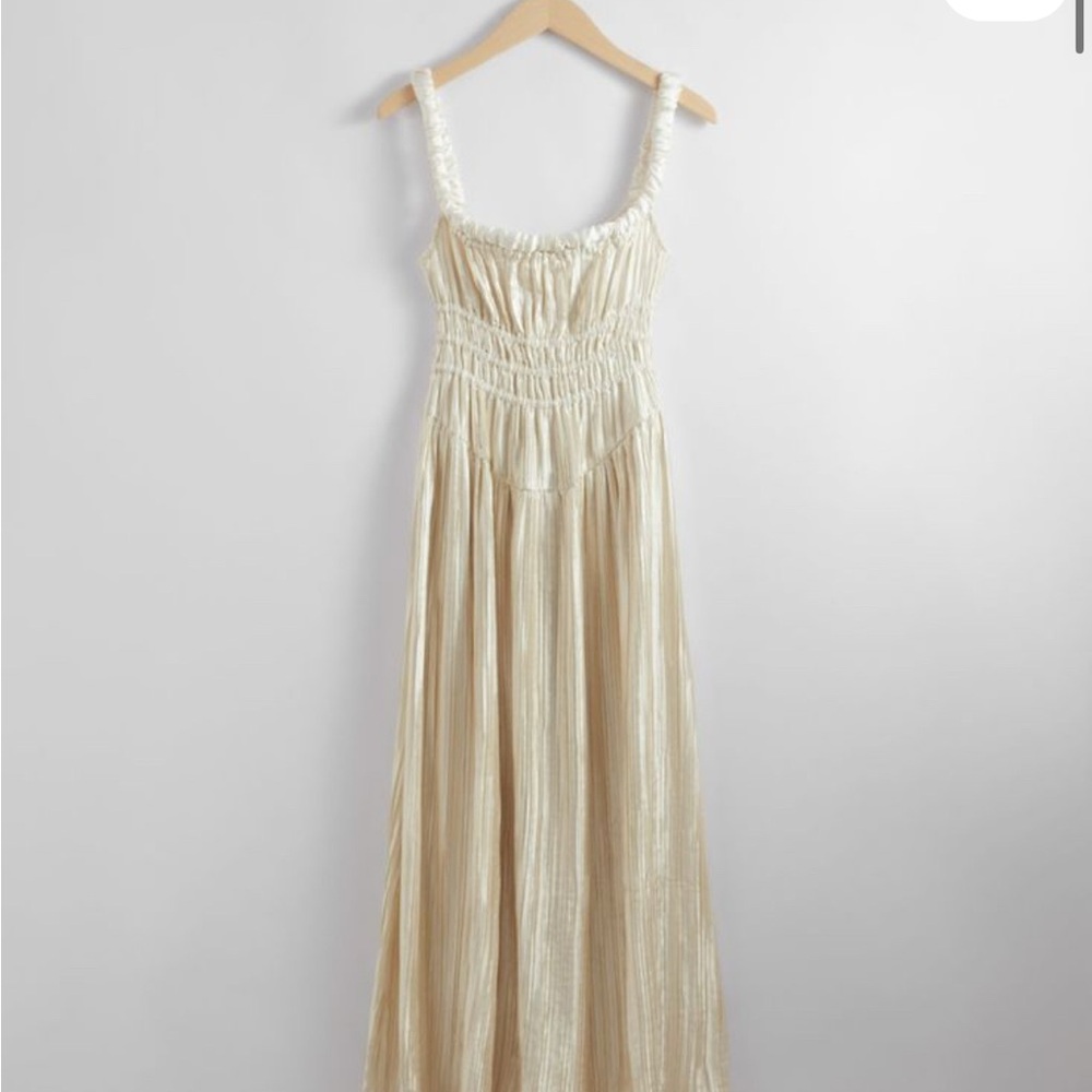 & Other Stories Cream Shirred Satin midi dress